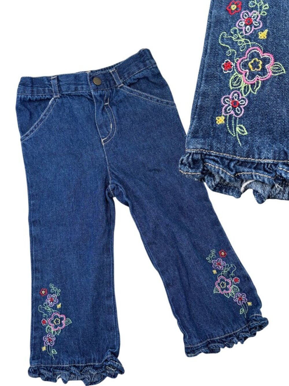 Y2k Floral Embroidered Flare Ruffle Hem Jeans Faded Glory Size 24 months